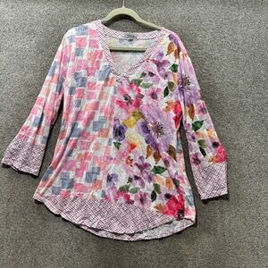 Shana Tunic Top Medium Pink Floral Geometric Mixed Print V Neck 3/4 Sleeve